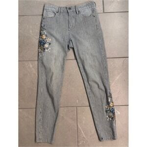 Driftwood Meg Hickory Stripe Floral Embroidered Skinny Jeans Blue White 24x27